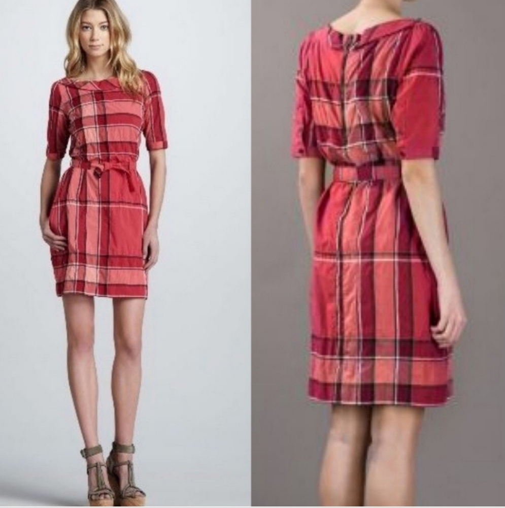 Burberry Brit Kristie Boysenberry Red Nova Check Plaid Belted Dress Size 6